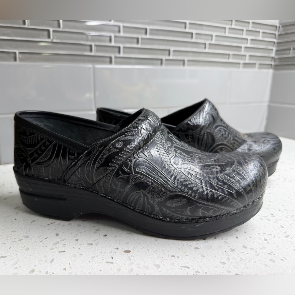 Dansko Black Embossed Leather Clogs